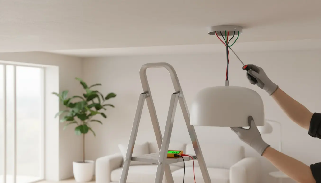 Hænder monterer en moderne hvid loftslampe på en stige i et lyst stuemiljø.