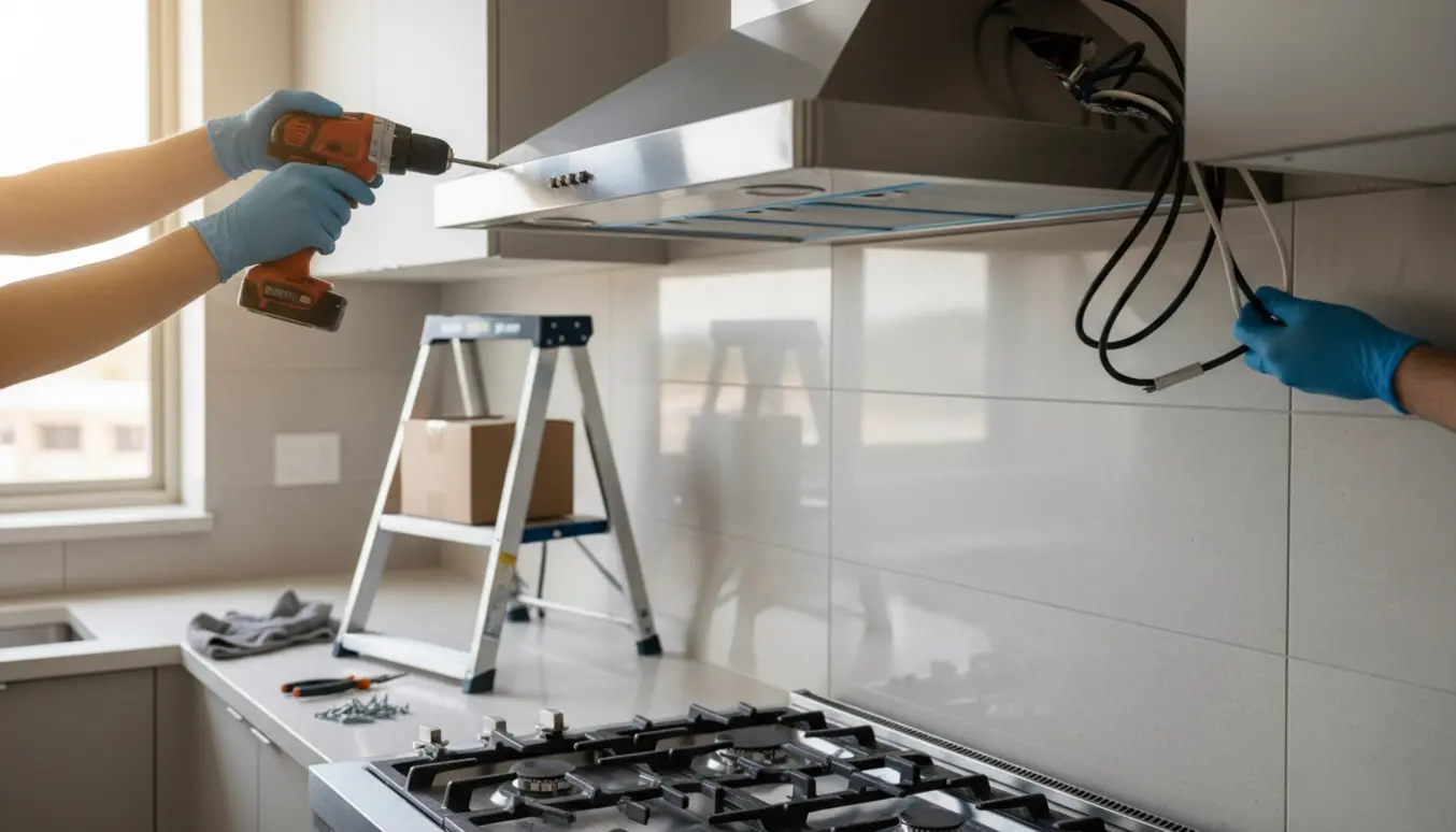Elektriker monterer en ny rustfri emhætte i et moderne køkken, kun hænder og værktøj er synlige.