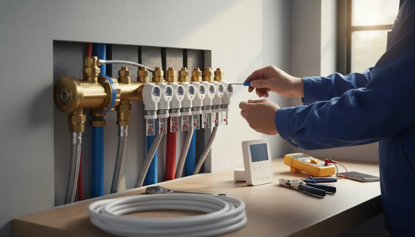 Tekniker justerer en Wavin-shunt og telestater på et gulvvarmeanlæg i et ryddeligt teknikrum.