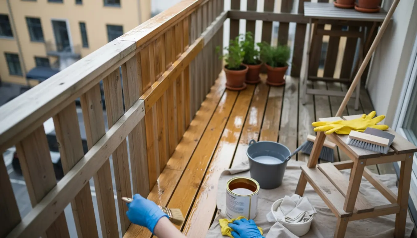 Hænder olierer et trægelænder på en lille københavneraltan under forårsrengøring.