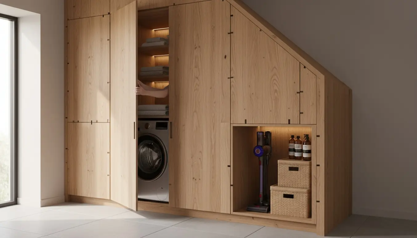 Væg-til-væg højskab i fingertappet egetræ, der skjuler en vaskesøjle under et skråt loft med hyldeplads til støvsuger.