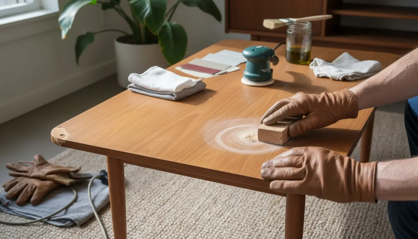 Et teak finer sofabord fra 60'erne bliver slebet for at fjerne et vandmærke.