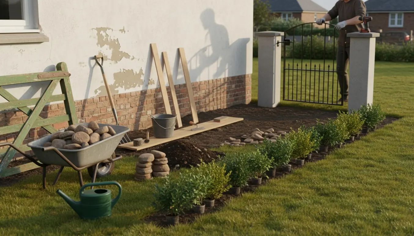 Havearbejde med fjernede porte og brosten klar til plantning af en hæk og montering af en havelåge på cement­søjler.