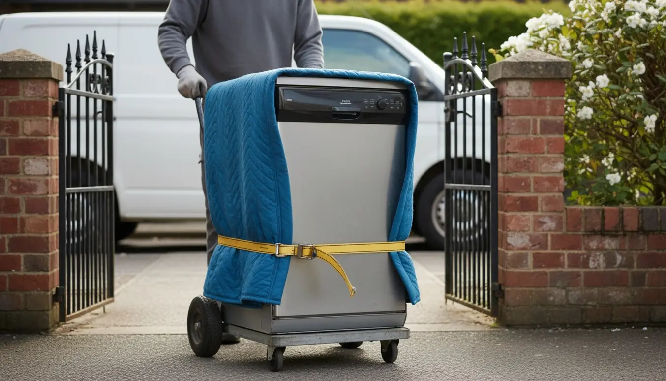Opvaskemaskine på håndtruck ved åben havelåge klar til afhentning.