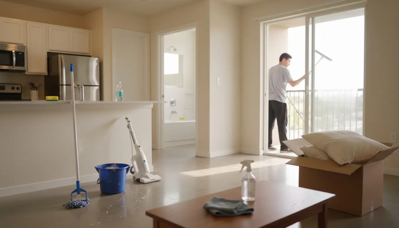 Hænder fejer altanen og pudser altandøre i en lys, nyvasket lejlighed.