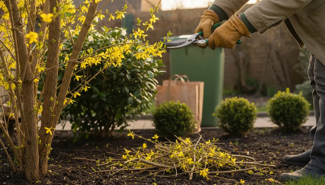 Nærbillede af hænder, der klipper en blomstrende forsythia med beskærersaks, med havebeholder og papirsække i baggrunden.