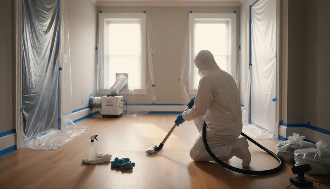 En tekniker i beskyttelsesdragt renser asbeststøv i et tomt rum med HEPA-støvsuger og plastafdækning.