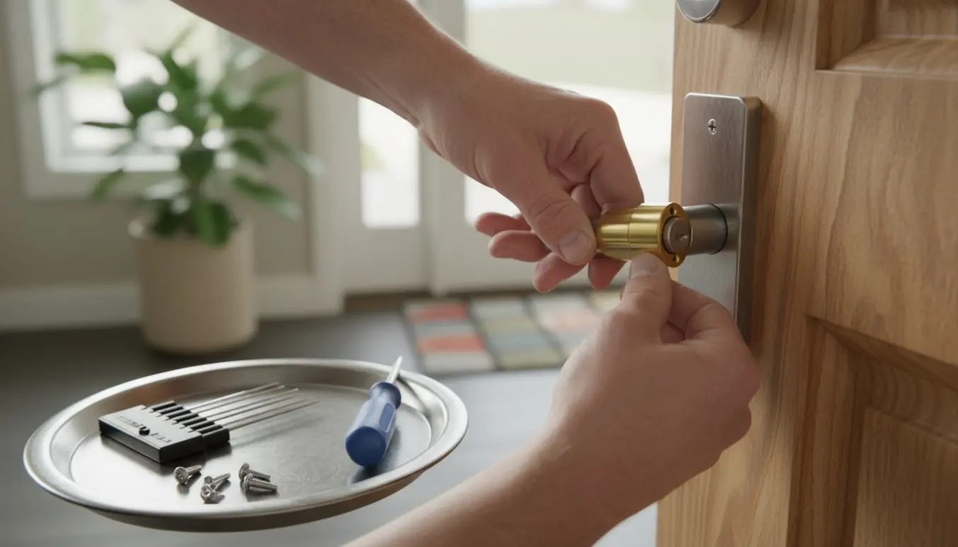 Hænder, der udskifter låsecylinder i en hoveddør med skruetrækker og nye dele på en bakke.