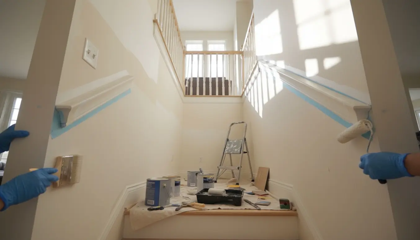 Trappeopgang fra stue til 3. sal delvis nymalet i lyse farver med malerredskaber på trappen.