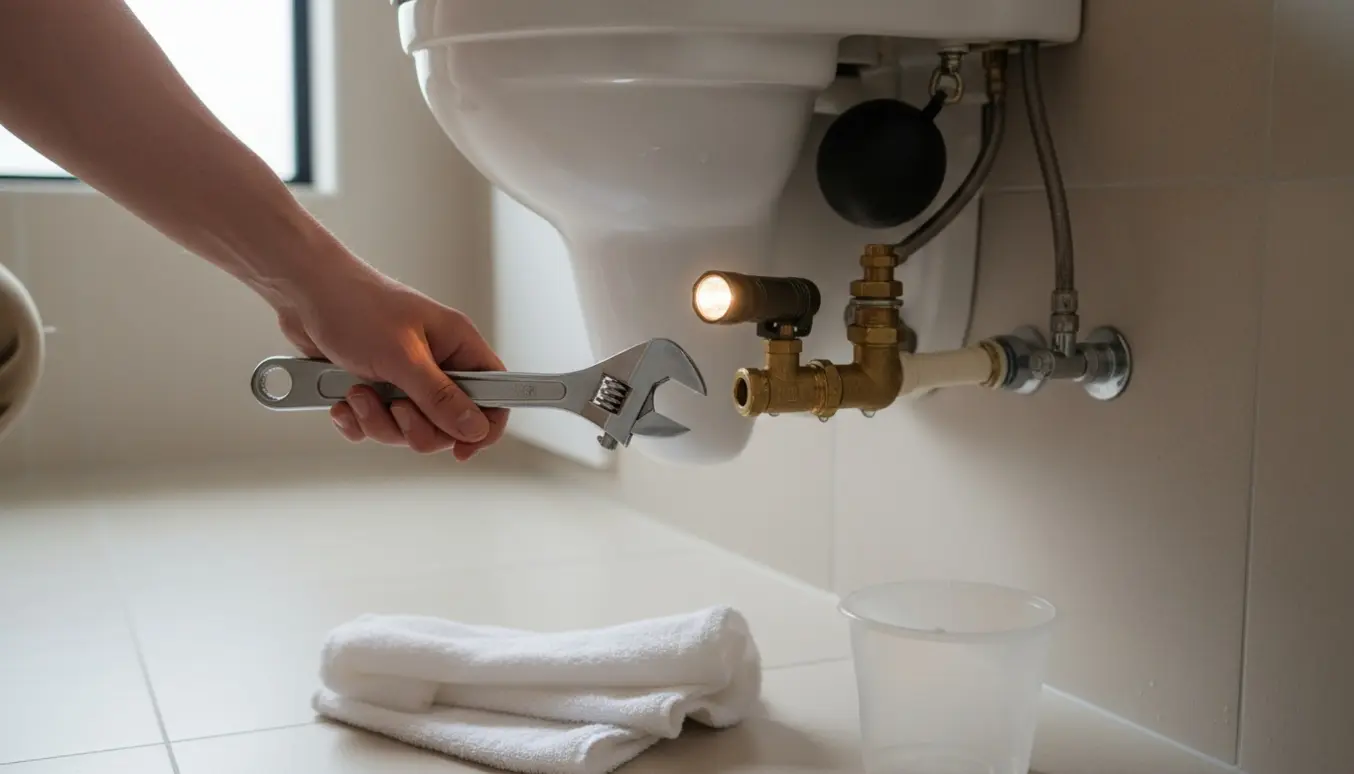 Åben toiletcisterne med en hånd, der justerer vandtilførselsventilen med en skruenøgle i et lyst badeværelse.