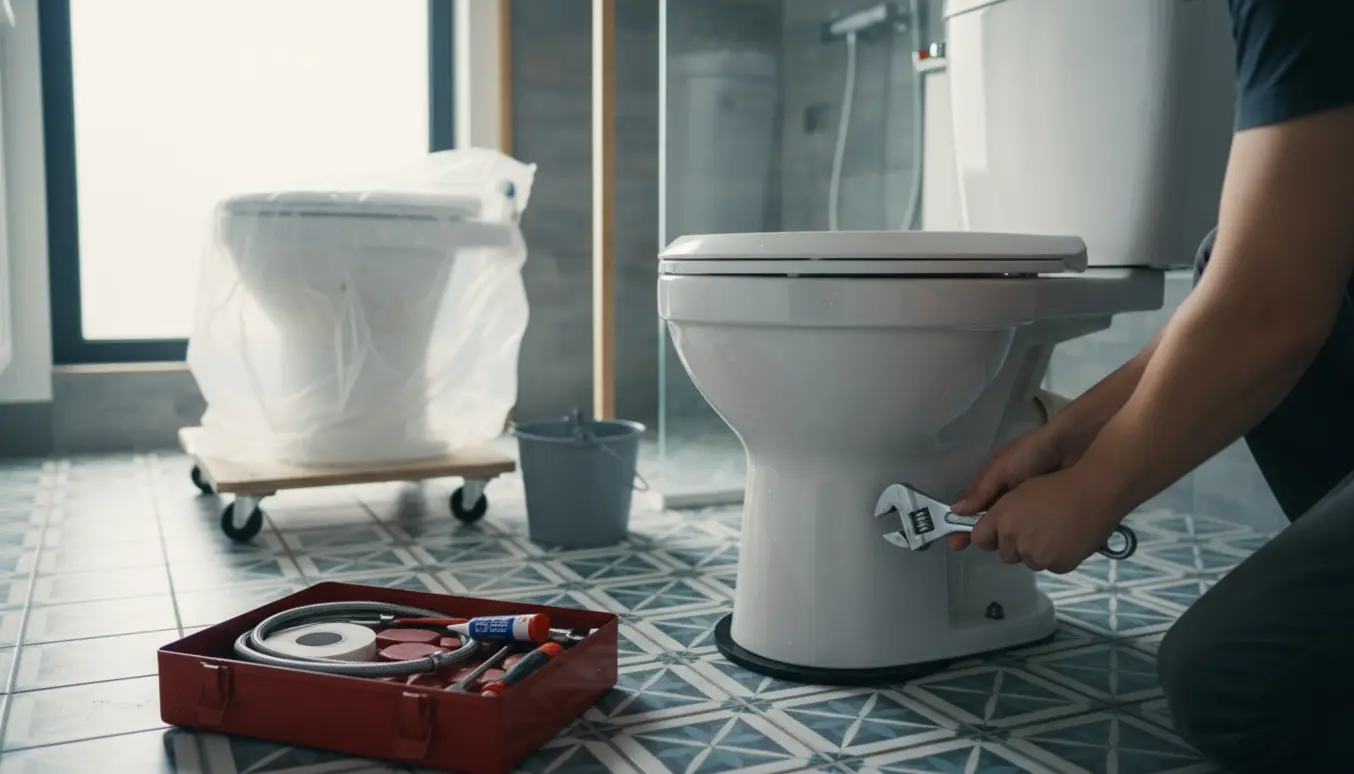 Et nyt toilet monteres i et lyst badeværelse med værktøj og det gamle toilet klar til bortskaffelse.