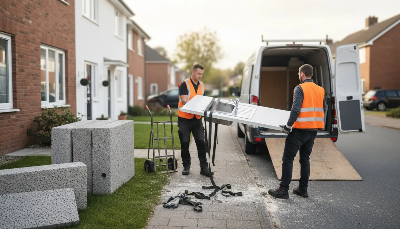 To personer bærer byggeaffald og et langt køkkenbord fra terrassen mod en varevogn, ansigter ikke synlige.