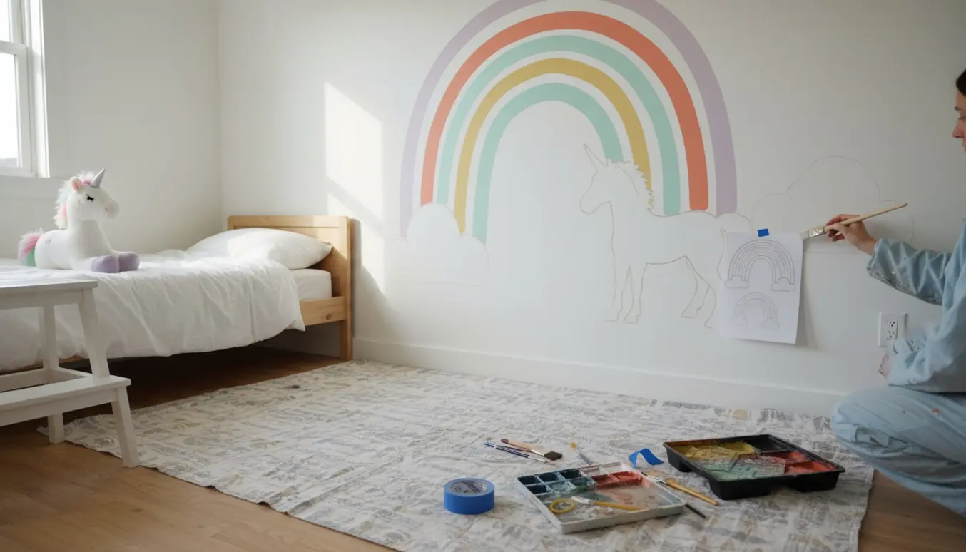 Børneværelse hvor en stor pastelregnbue og en lille enhjørning males på en hvid væg, med pensler og malebakke i forgrunden.