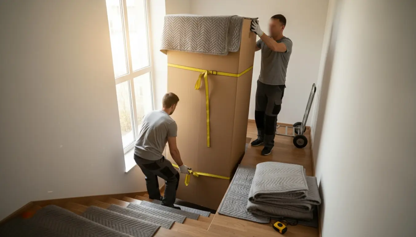 To flyttefolk bærer en stor fladpakket garderobekasse op ad en trappe til en øvre etage.