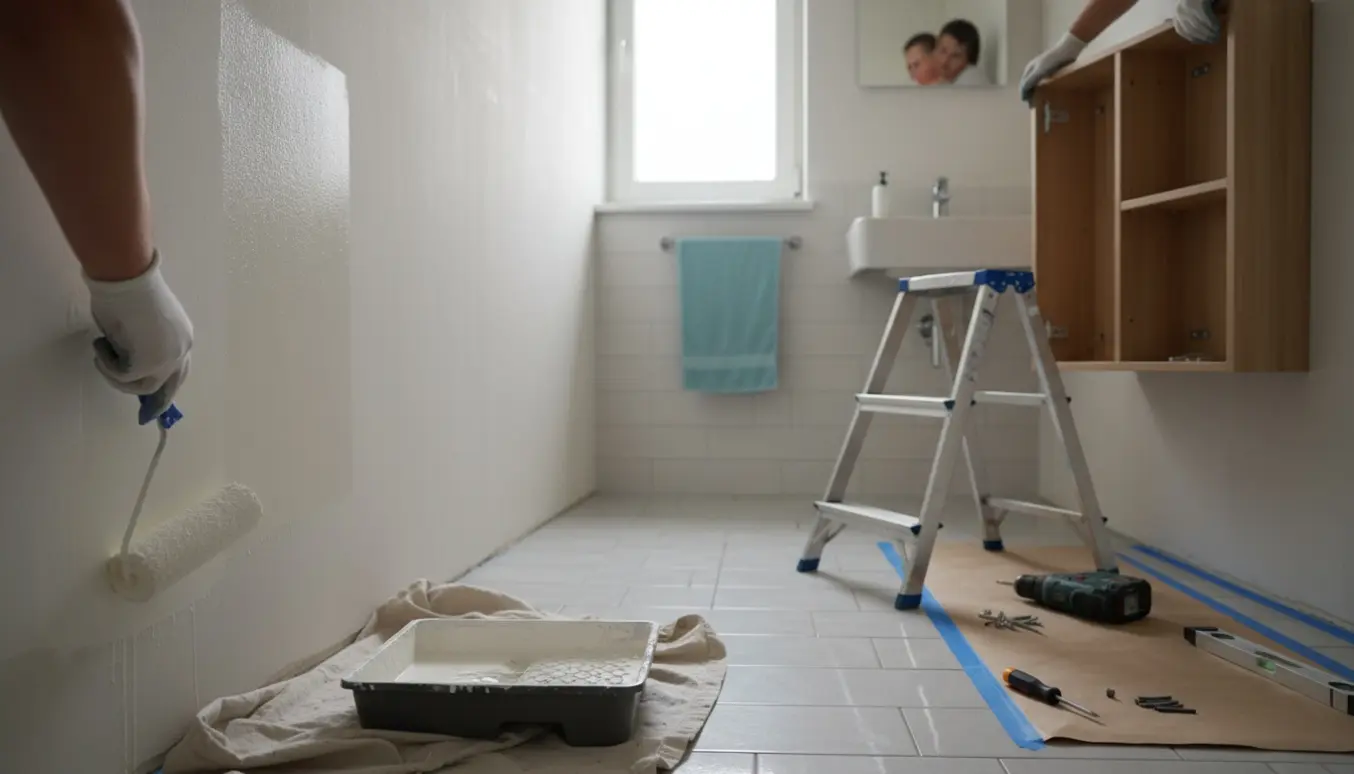 Arme med malerulle maler væggen i et lille badeværelse, mens et nyt vægskab sættes op.