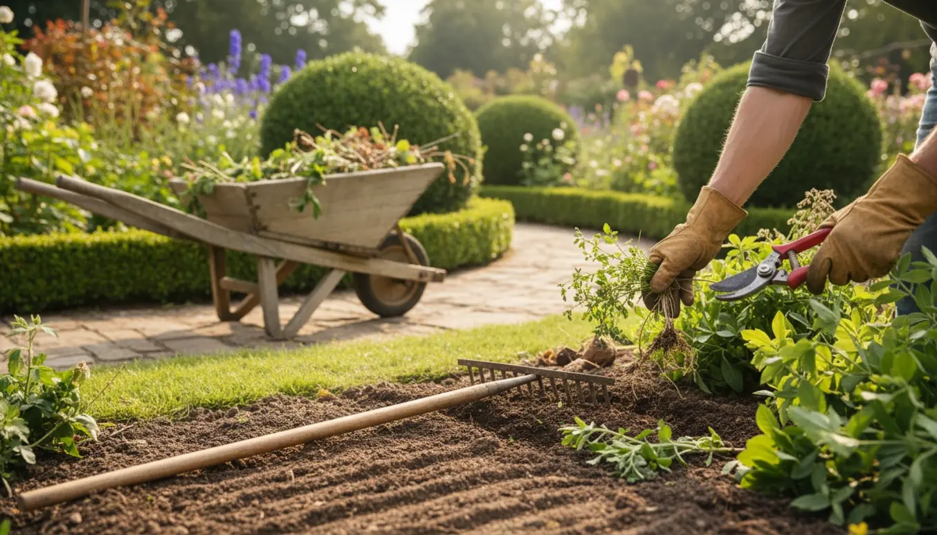 Hænder i handsker fjerner ukrudt og beskærer planter i en velplejet have med redskaber ved siden af.