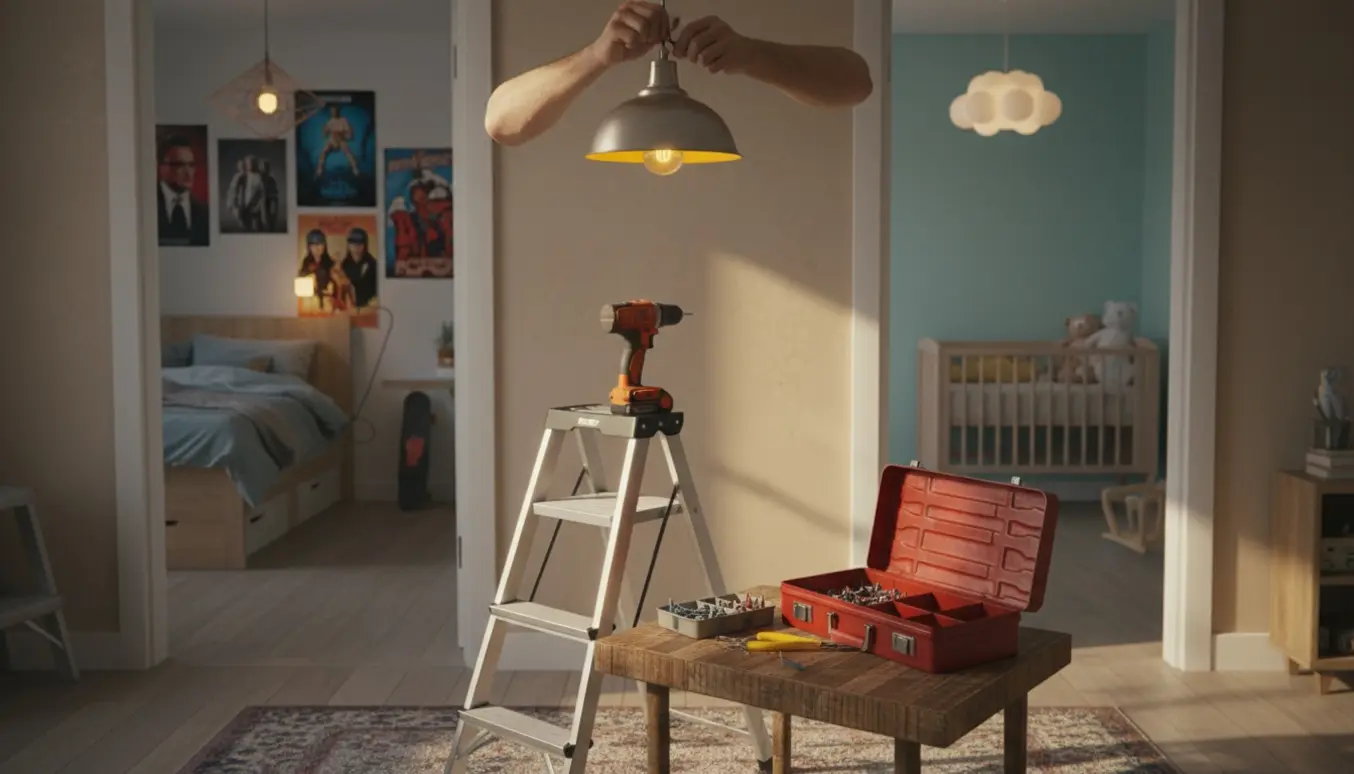 Hænder på en stige monterer en loftslampe med værktøj på et bord og teenage- og børneværelse synlige i baggrunden.