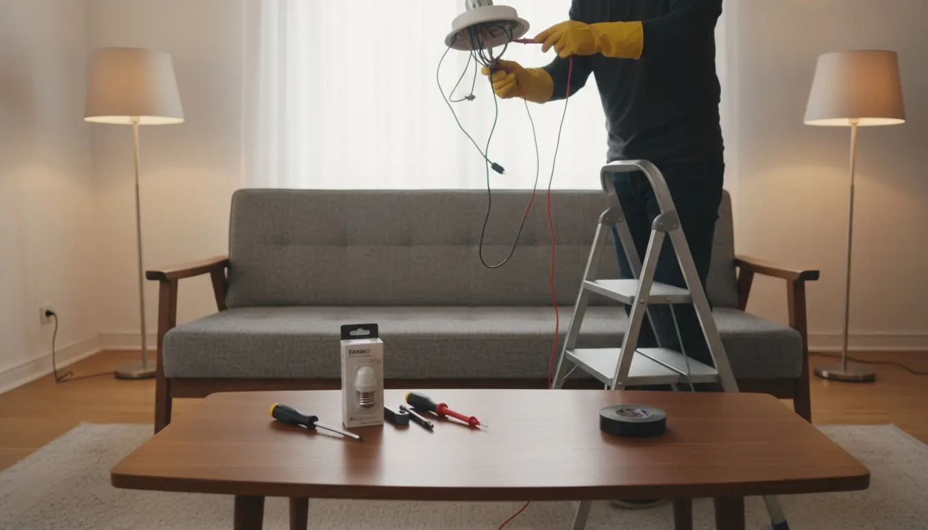 Hænder med isolerede handsker tester et loftspot i en stue med multimeter og værktøj.