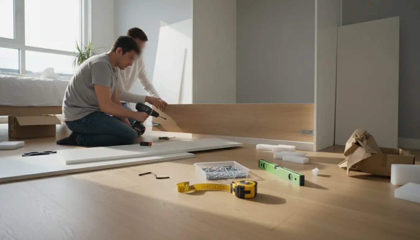 Hænder og værktøj samler et hvidt modulært klædeskab i et lyst soveværelse med paneler og emballage omkring.