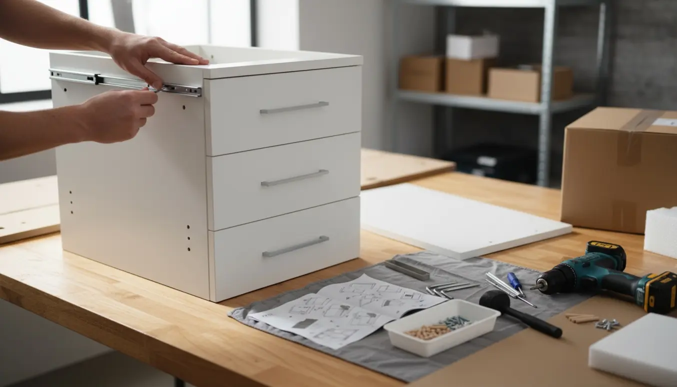 Nærbillede af samling af hvid kommode på værksted med værktøj lagt frem.