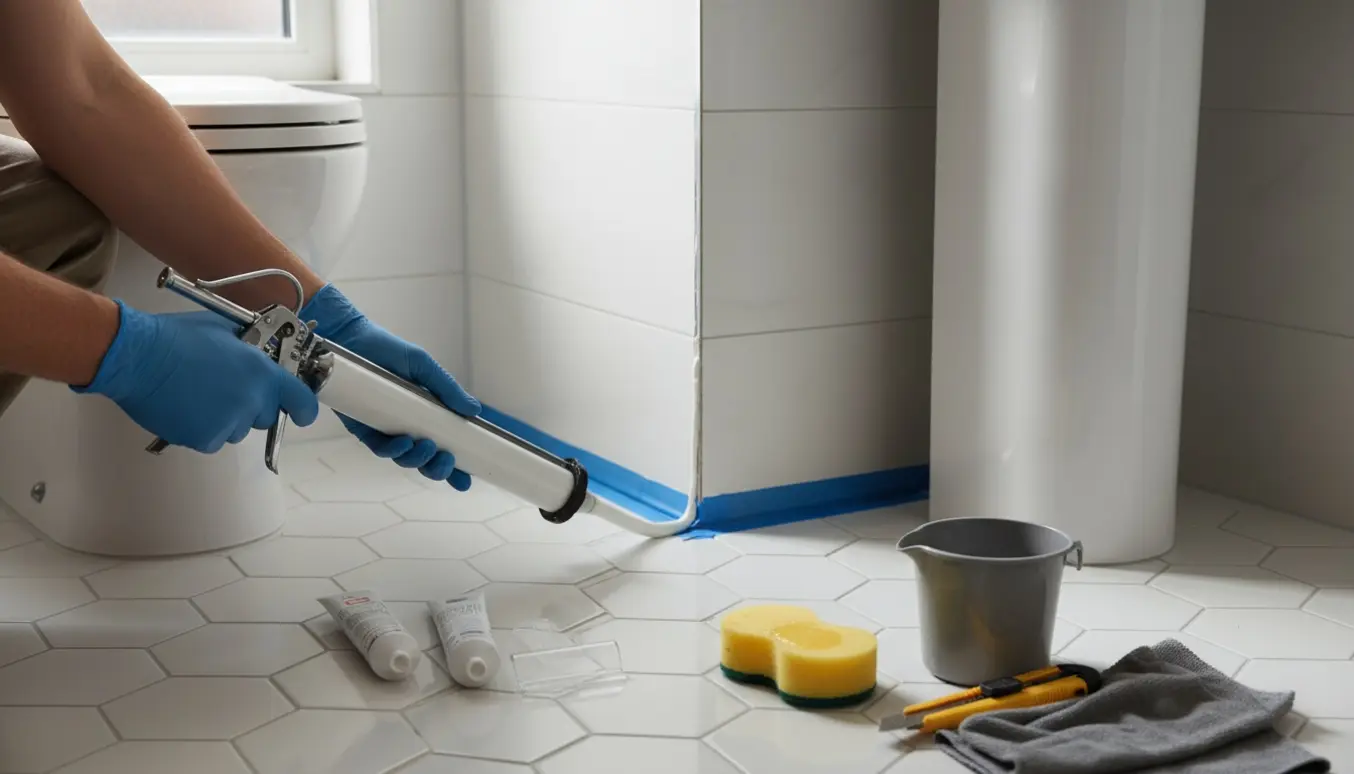 Nærbillede af fugearbejde i et lille WC med en hånd, der påfører hvid vådrumsfugemasse langs gulvkanten ved toilet og håndvask.