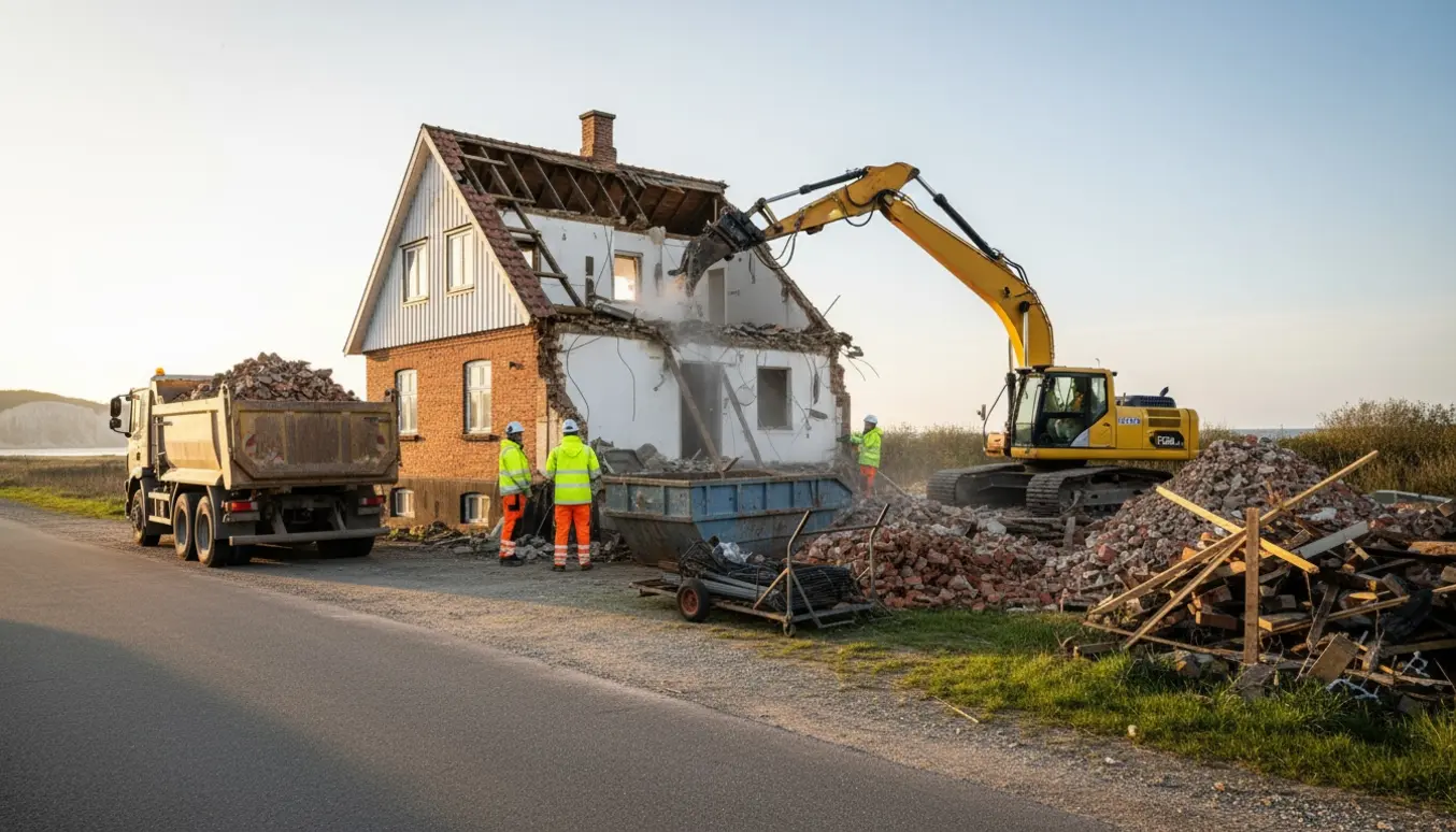 Nedrivning af to-etagers hus ved vejen i Stevns med gravemaskine, lastbil og bunker af murbrokker.