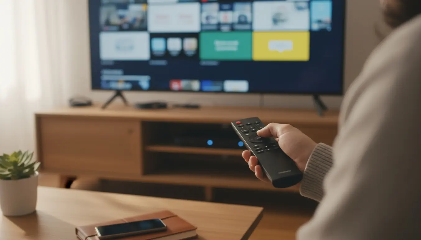 Hænder peger med en fjernbetjening mod et fladt TV i en hyggelig stue, hvor slørede kanalthumbnails vises på skærmen.