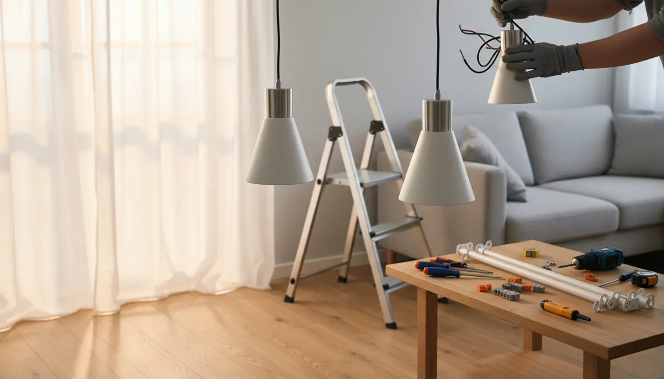 Hænder monterer en loftslampe i en lys stue med to installerede pendler og gardinstang klar på bordet.