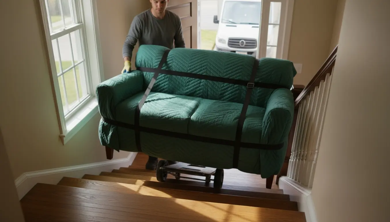 To flyttemænd bærer en mellemstor sofa op ad en trappe mod en lejlighed på anden sal med flyttetæpper og dolly.