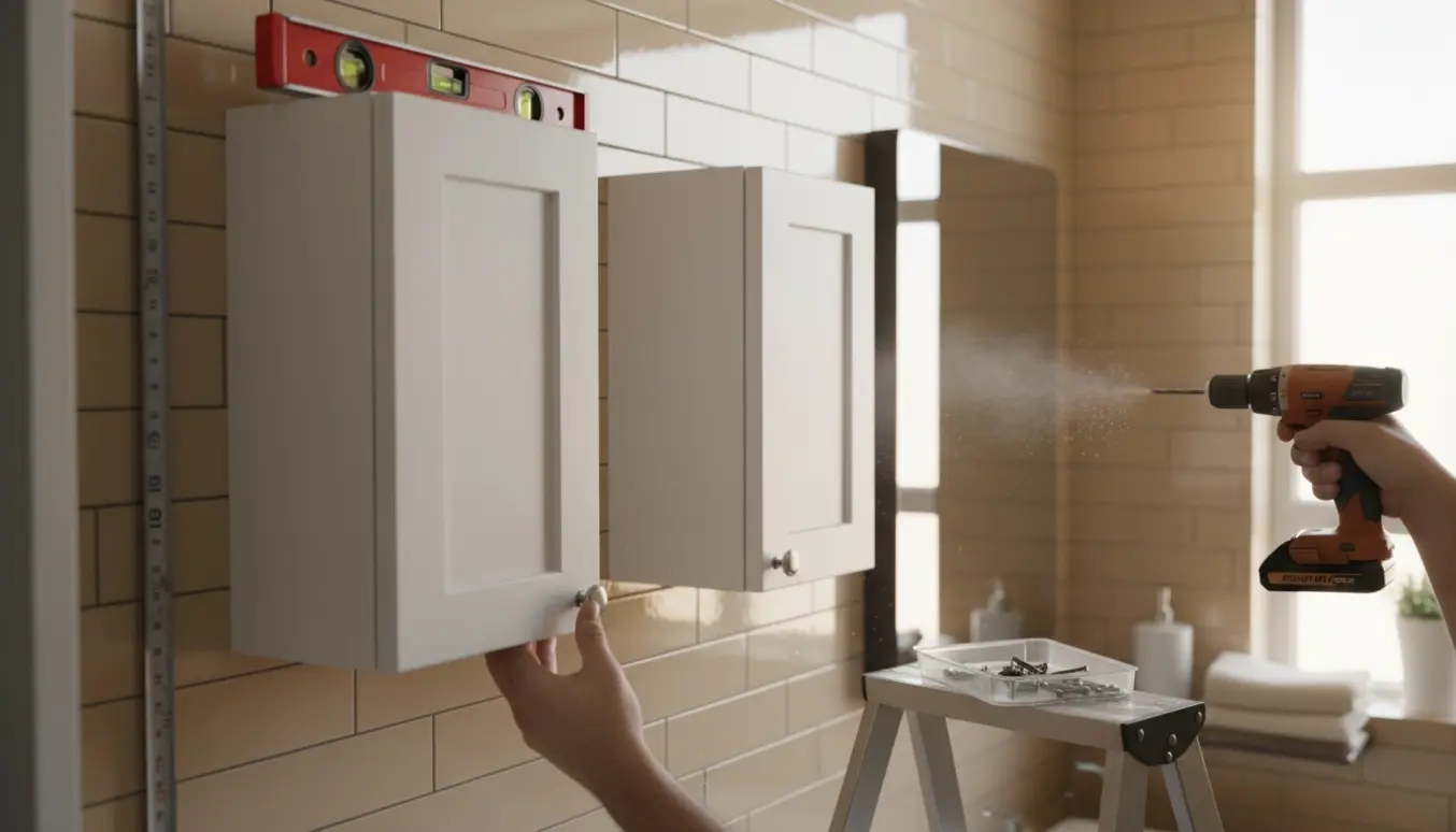 To IKEA-badeværelsesskabe monteres på en flisevæg med boreværktøj, skruer og beslag i fokus.