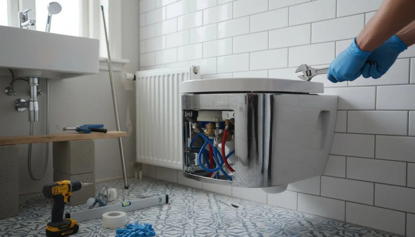 Halvfærdigt badeværelse med håndværkerhænder, der monterer væghængt toilet og ny vask med brusersæt i en lille lejlighed.
