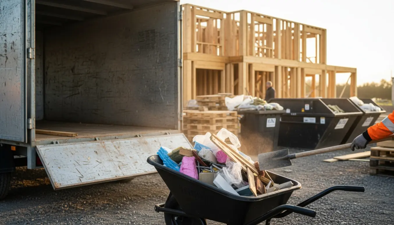 Stor trailer tømmes, og byggeplads ved nybyggeri ryddes med arbejdshandsker og skovl.
