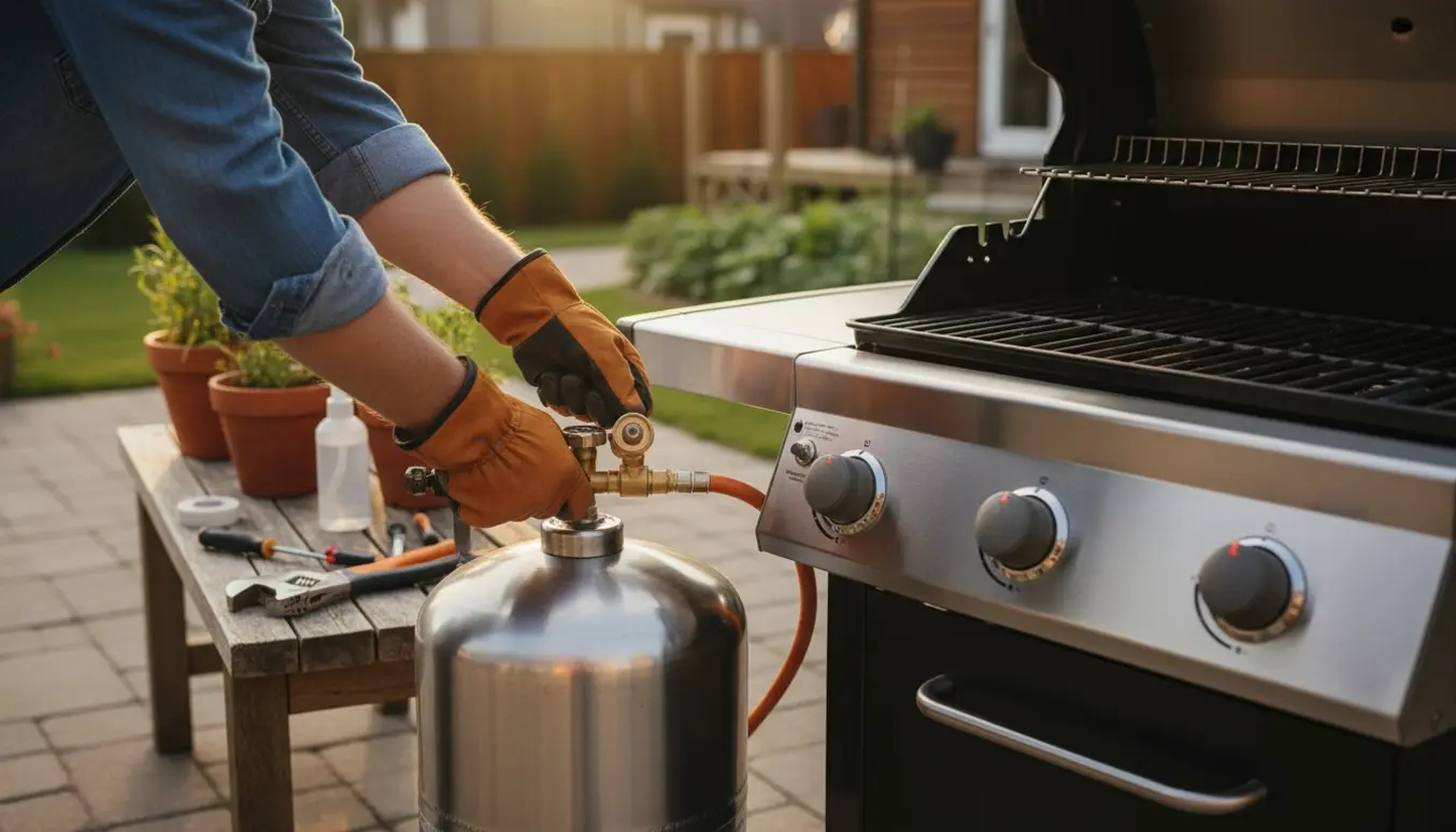 Nærbillede af hænder, der tilslutter en slange til en gasgrill og propantank på en terrasse.