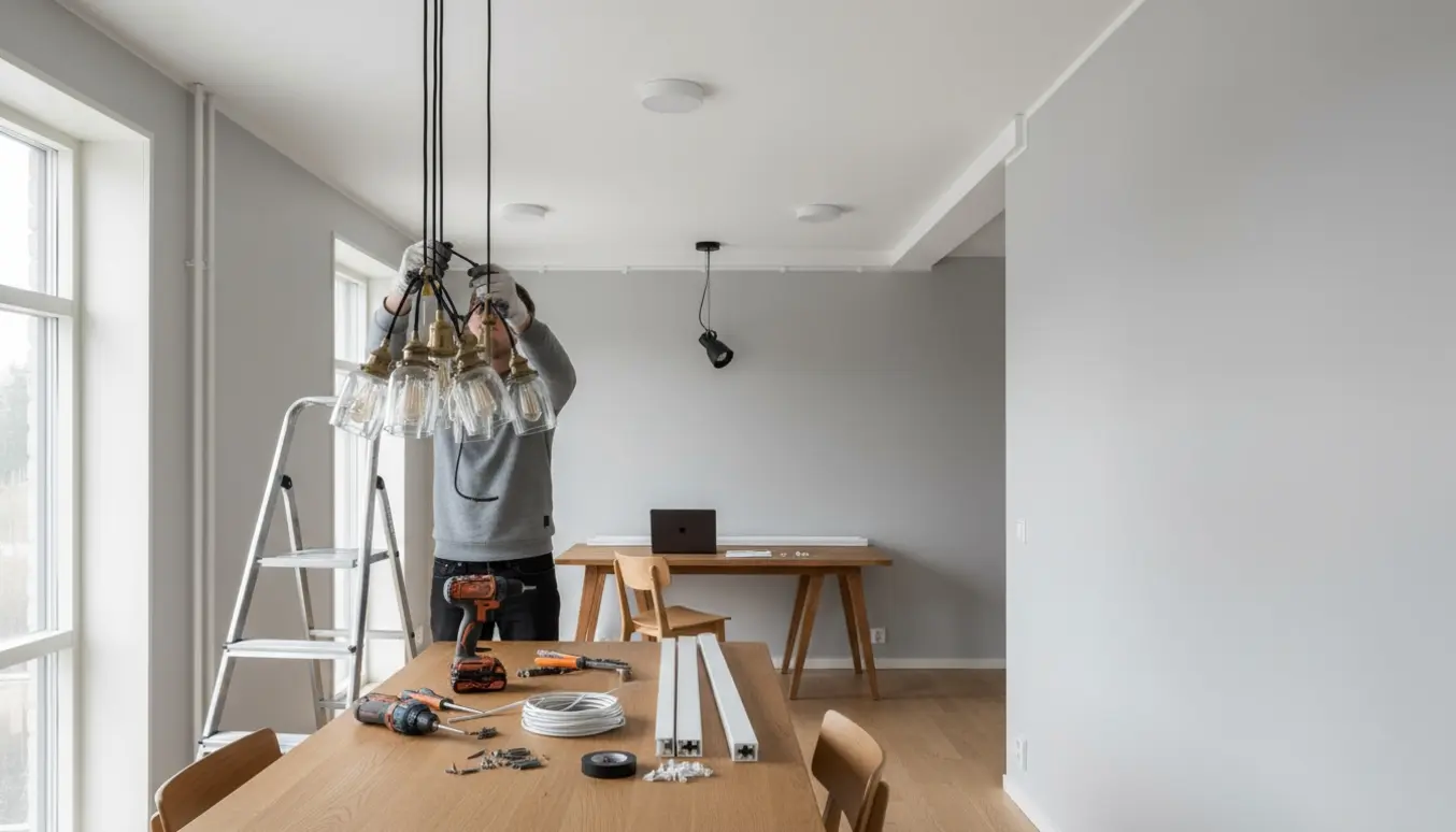 Installatør monterer en klyngependel over spisebordet med plafonds i gangen og spot i kontoret, og synlige kabelkanaler.