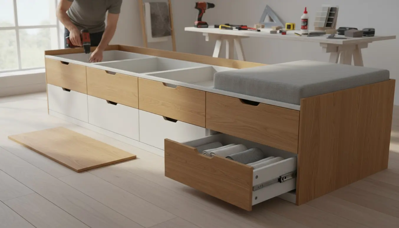 Daybed under samling med tre skuffeelementer og træfronter, håndværker uden synligt ansigt.