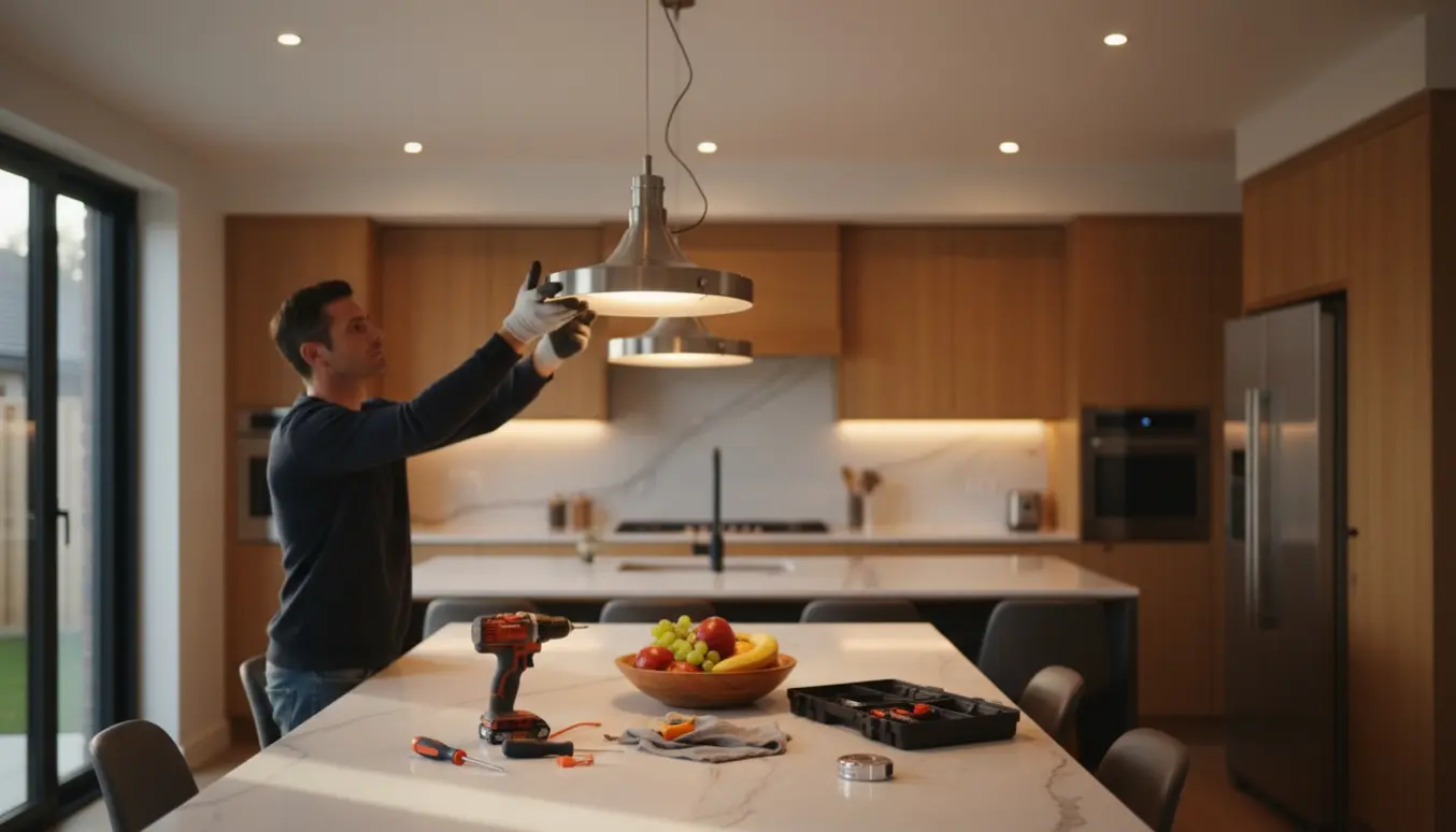 En tekniker monterer en LED-pendellampe over et køkkenbord, set bagfra med værktøj på bordet.