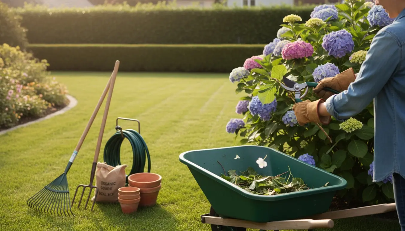 Hænder med handsker beskærer en busk i en solbeskinnet have med haveredskaber og en trillebør.