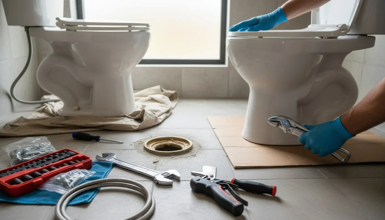 Hænder skifter et toilet og tjekker en stram håndvaskhane i et lyst badeværelse.