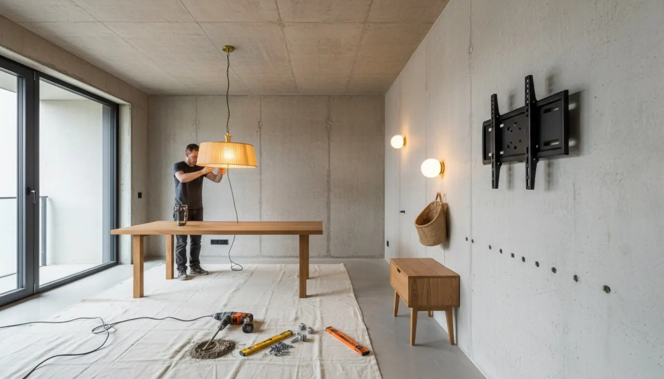 Montering af loftlampe og TV-ophæng i et rum med betonloft og synlige små borehuller.
