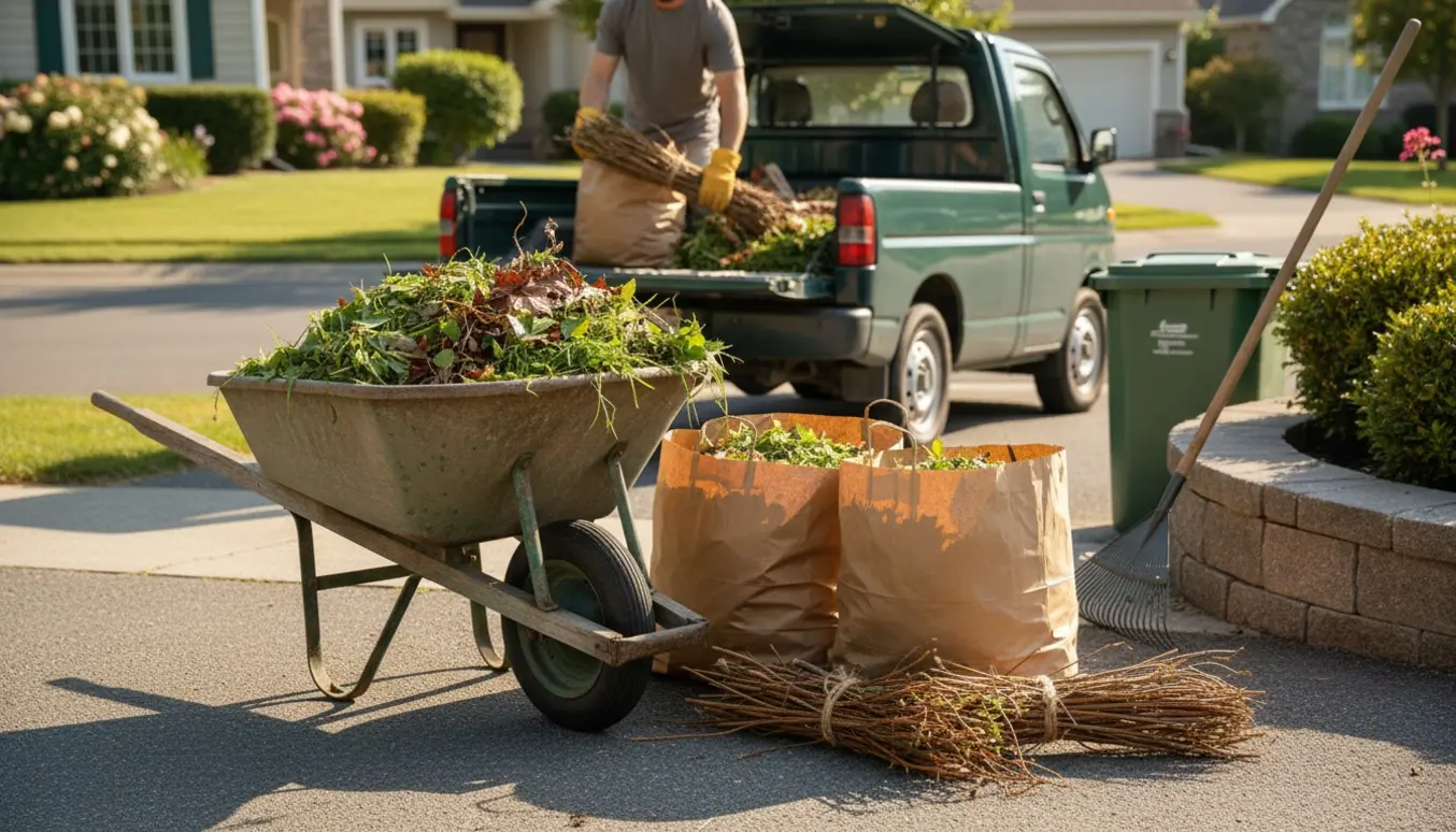 En person uden synligt ansigt læsser haveaffald i papirposer ved fortovet til afhentning.