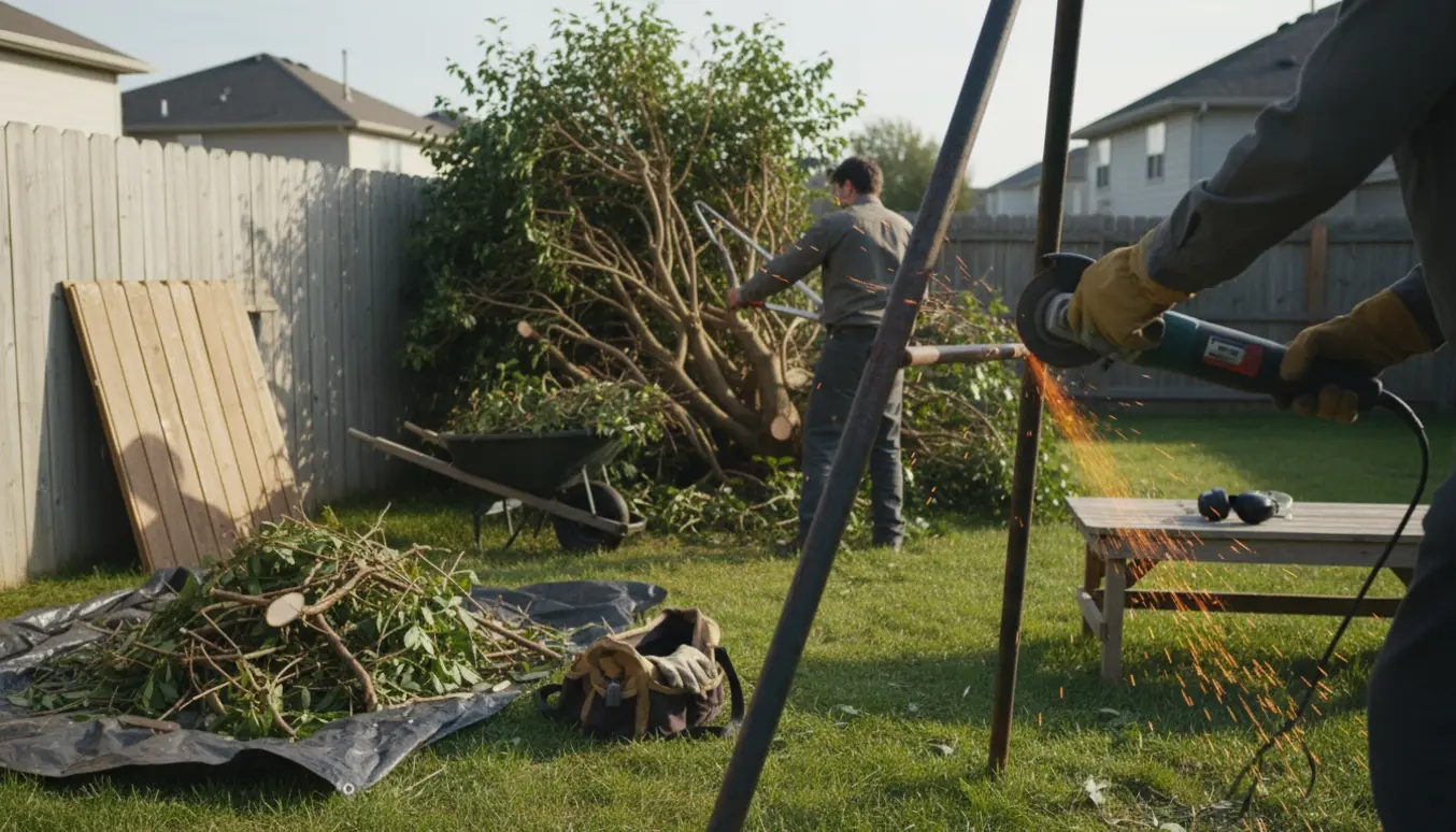 Personer fjerner en busk og skærer et jern-gyngestativ over i en baghave.