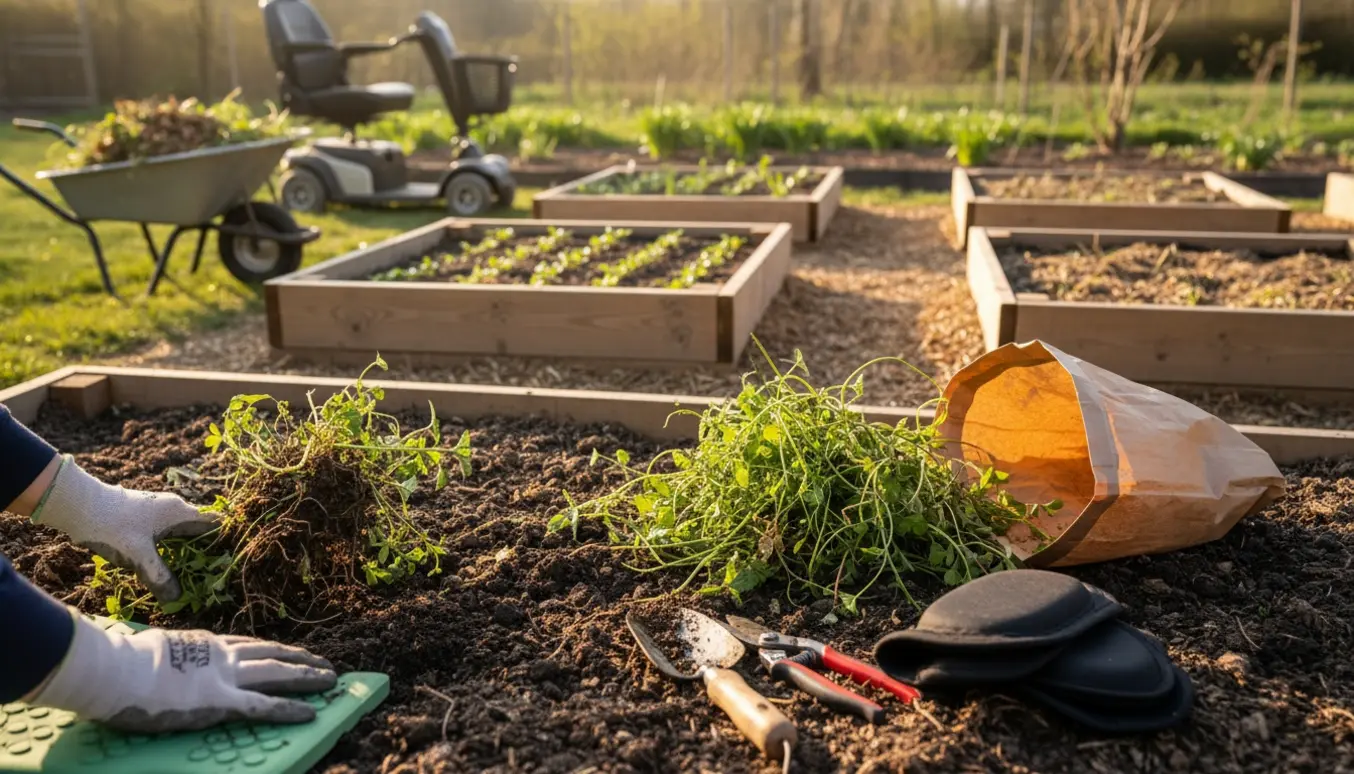 Haveredskaber og handsker ved tre store og tre mindre forårsrensede bede med en trillebør fuld af ukrudt.