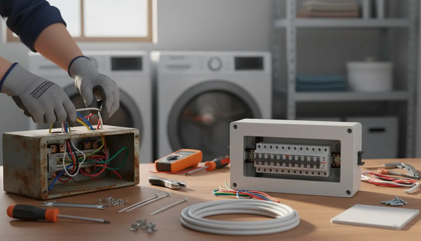 Hænder udskifter en gammel el-boks med et moderne sikringsskab i et organiseret bryggers.