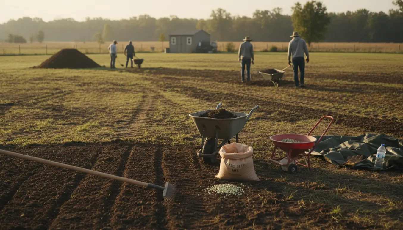 Arbejder flytter og fjerner jord i en stor have, samler jorden i et hjørne og forbereder området til såning af nyt græs.