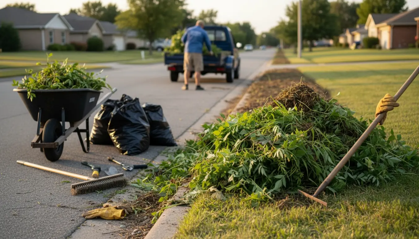 Haveaffald og ukrudt samles op langs vejkanten med rive, skovl og trailer i varmt eftermiddagslys.