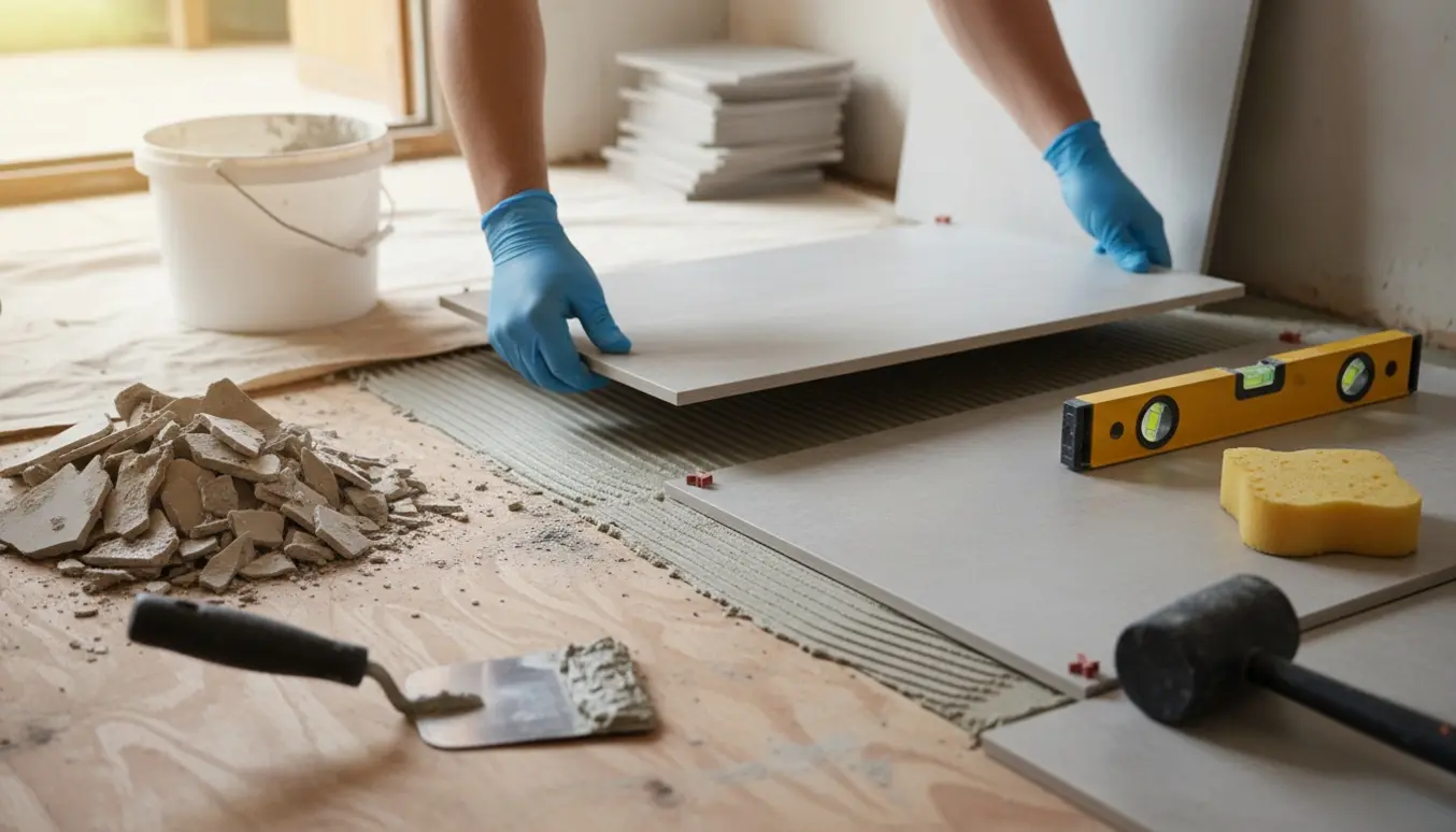Hænder placerer nye fliser på underlaget efter de gamle er fjernet, med værktøj og flisespacere ved siden af.