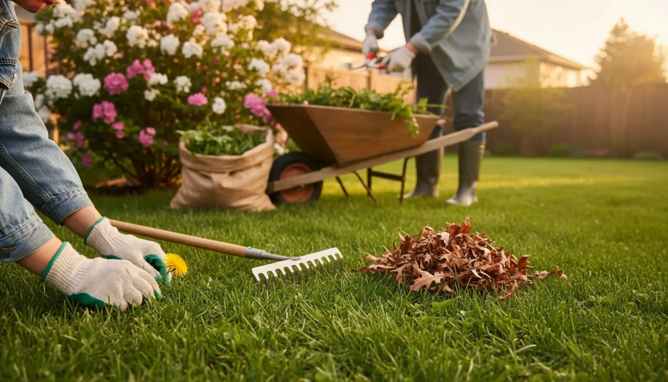 Gloveklædte hænder trækker mælkebøtte op, rive samler blade og beskæringssaks klipper en busk i en solvarm baghave.
