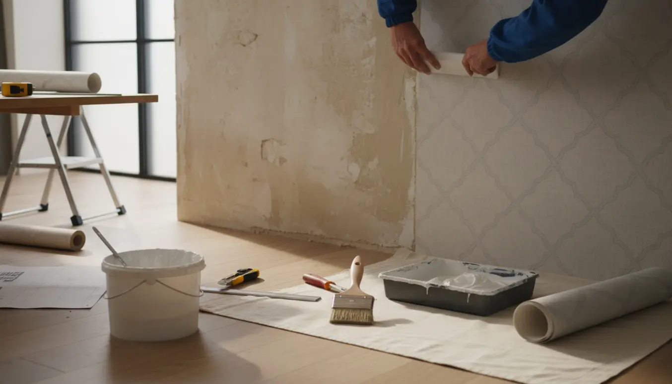Hænder glatter nyt tapet på en delvist afskallet væg med værktøj og naturligt lys.