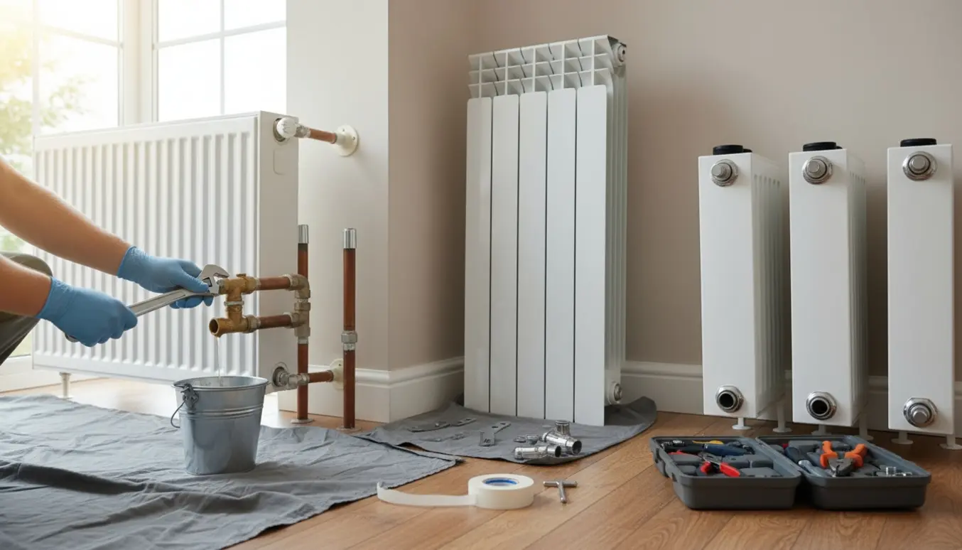 Håndværker løsner radiatorkobling med værktøj, ny radiator og tre afmonterede radiatorer i et lyst rum.