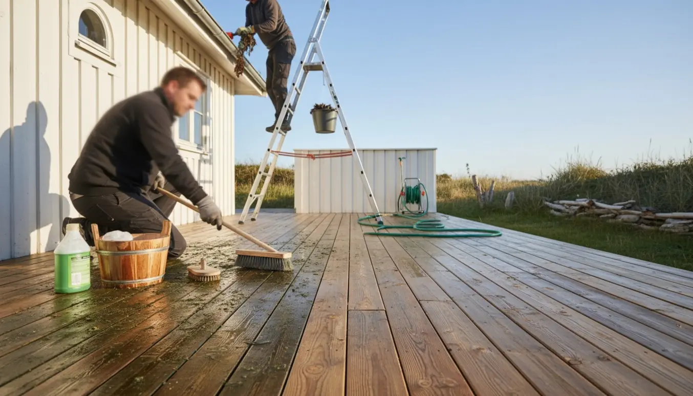 Rengøring af træterrasse og oprensning af tagrende ved et sommerhus, med synligt før-og-efter på terrassebrædderne.